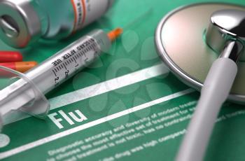 Flu - Medical Concept with Blurred Text, Stethoscope, Pills and Syringe on Green Background. Selective Focus.