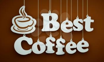 Best Coffee - the Word of the White Letters and Silhouette of Cup Hanging on the Ropes on a Brown Background.on the ropes on a brown background.
