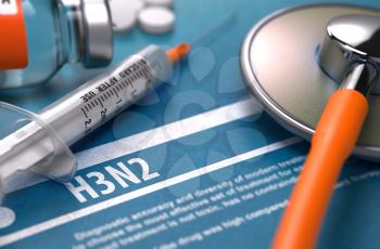 H3N2 Virus on Blue Background and Medical Composition - Stethoscope, Pills and Syringe. Medical Concept. Blurred Image.