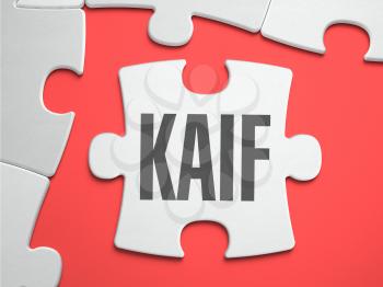 Kaif  - Text on Puzzle on the Place of Missing Pieces. Scarlett Background. Close-up. 3d Illustration.