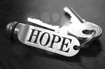 Hope Concept. Keys with Keyring on Black Wooden Table. Closeup View, Selective Focus, 3D Render. Black and White Image.