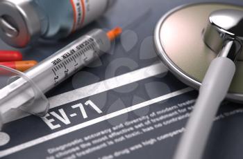 Diagnosis - EV-71. Medical Concept with Blurred Text, Stethoscope, Pills and Syringe on Grey Background. Selective Focus.