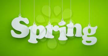 Spring - the Word of the White Letters Hanging on the Ropes on a Light Green Background.