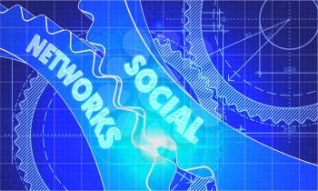 Social Networks on the Mechanism of Cogwheels. Technical Blueprint illustration with Glow Effect. 3D Render.