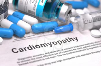 Diagnosis - Cardiomyopathy. Medical Concept with Blue Pills, Injections and Syringe. Selective Focus. Blurred Background.