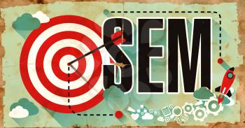 SEM - Search Engine Marketing - Concept on Old Poster in Flat Design with Red Target, Rocket and Arrow. Business Concept.