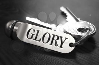 Glory Concept. Keys with Keyring on Black Wooden Table. Closeup View, Selective Focus, 3D Render. Black and White Image.