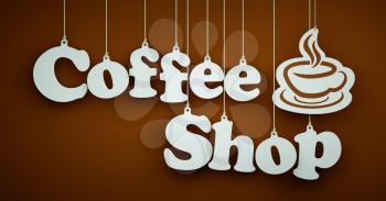 Coffee Shop - the Word of the White Letters and Silhouette of Cup Hanging on the Ropes on a Brown Background.