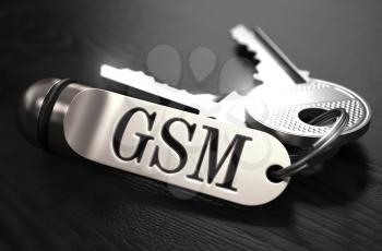 GSM - Global System for Mobile Communications - Concept. Keys with Keyring on Black Wooden Table. Closeup View, Selective Focus, 3D Render. Black and White Image.