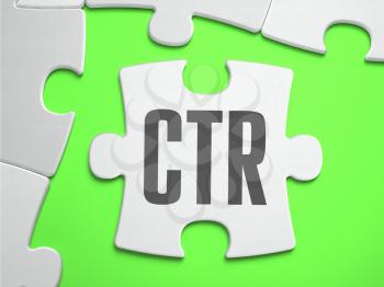 CTR - Click Through Rate - Jigsaw Puzzle with Missing Pieces. Bright Green Background. Close-up. 3d Illustration.