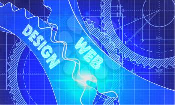 Web Design Concept. Blueprint Background with Gears. Industrial Design. 3d illustration, Lens Flare.