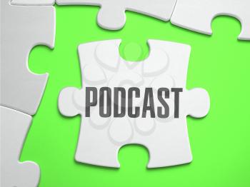 Podcast - Jigsaw Puzzle with Missing Pieces. Bright Green Background. Close-up. 3d Illustration.