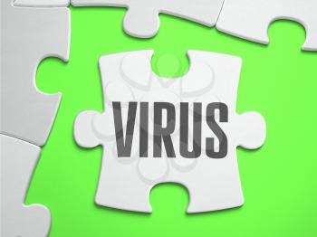 Virus - Jigsaw Puzzle with Missing Pieces. Bright Green Background. Close-up. 3d Illustration.