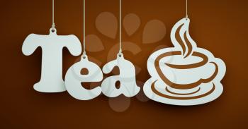 Tea - the Word of the White Letters Hanging on the Ropes on a Brown Background.