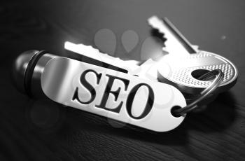 SEO - Search Engines Optimization - Concept. Keys with Keyring on Black Wooden Table. Closeup View, Selective Focus, 3D Render. Black and White Image.