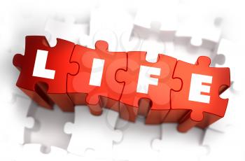 Life - Text on Red Puzzles with White Background. 3D Render. 