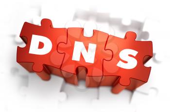 DNS - Domain Name System - White Word on Red Puzzles on White Background. 3D Illustration.