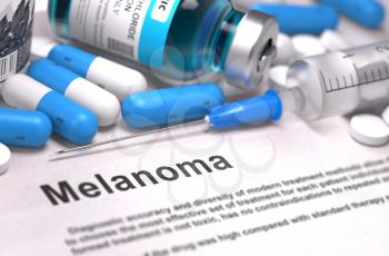 Melanoma - Printed Diagnosis with Blue Pills, Injections and Syringe. Medical Concept with Selective Focus.