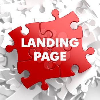 Landing Page on Red Puzzle on White Background.