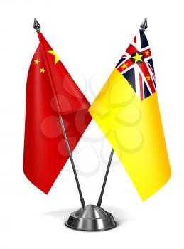 China and Niue - Miniature Flags Isolated on White Background.