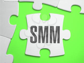 SMM - Social Media Marketing - Jigsaw Puzzle with Missing Pieces. Bright Green Background. Close-up. 3d Illustration.