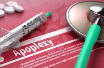 Apoplexy - Printed Diagnosis with Blurred Text on Red Background and Medical Composition - Stethoscope, Pills and Syringe. Medical Concept.