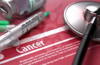 Cancer - Medical Concept on Red Background with Blurred Text and Composition of Pills, Syringe and Stethoscope.