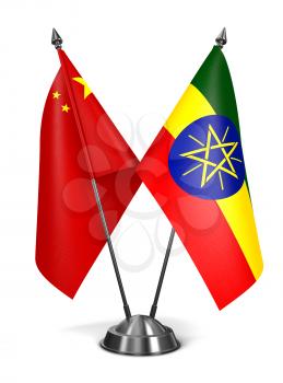 China and Ethiopia - Miniature Flags Isolated on White Background.