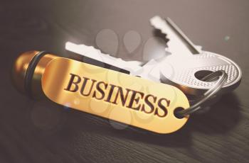 Business Concept. Keys with Golden Keyring on Black Wooden Table. Closeup View, Selective Focus, 3D Render. Toned Image.