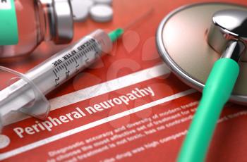 Peripheral neuropathy - Printed Diagnosis on Orange Background and Medical Composition - Stethoscope, Pills and Syringe. Medical Concept. Blurred Image.