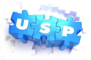 USP - Unique Selling Point - White Word on Blue Puzzles on White Background. 3D Illustration.