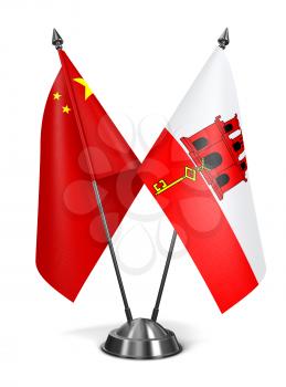 China and Gibraltar - Miniature Flags Isolated on White Background.