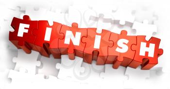 Finish - Text on Red Puzzles with White Background. 3D Render. 