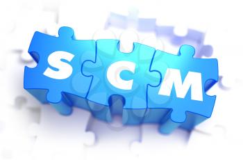 SCM - Supply Chain Management - Text on Blue Puzzles on White Background. 3D Render. 