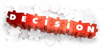Decision - White Word on Red Puzzles on White Background. 3D Illustration.