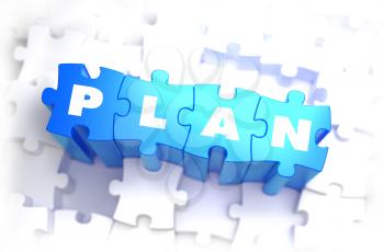 Plan - Text on Blue Puzzles on White Background. 3D Render. 
