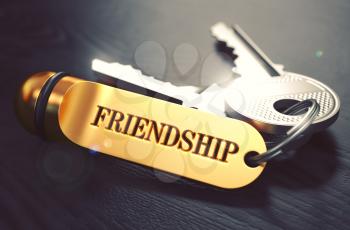 Keys with Word Friendship on Golden Label over Black Wooden Background. Closeup View, Selective Focus, 3D Render. Toned Image.