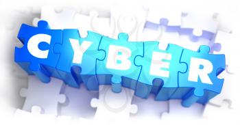 Cyber - White Word on Blue Puzzles on White Background. 3D Render. 