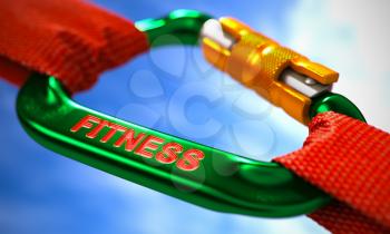 Green Carabiner between Red Ropes on Sky Background, Symbolizing the Fitness. Selective Focus.