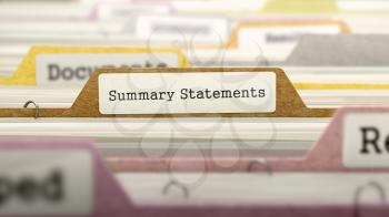 Summary Statements Concept on Folder Register in Multicolor Card Index. Closeup View. Selective Focus.