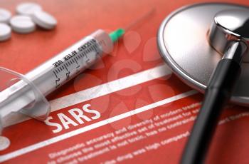 Diagnosis - SARS. Medical Concept on Orange Background with Blurred Text and Composition of Pills, Syringe and Stethoscope. Selective Focus.