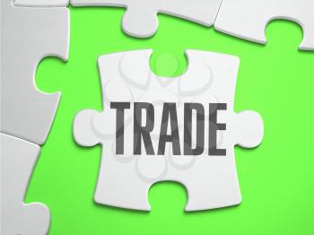 Trade - Jigsaw Puzzle with Missing Pieces. Bright Green Background. Close-up. 3d Illustration.