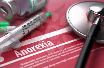 Anorexia - Medical Concept on Red Background with Blurred Text and Composition of Pills, Syringe and Stethoscope.