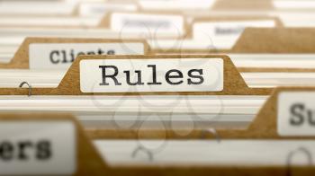Rules Concept. Word on Folder Register of Card Index. Selective Focus.