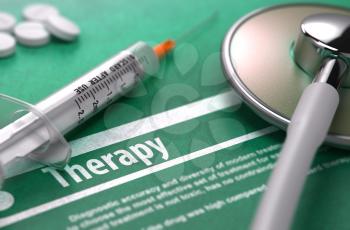Therapy - Medical Concept with Blurred Text, Stethoscope, Pills and Syringe on Green Background. Selective Focus.