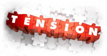 Tension - White Word on Red Puzzles on White Background. 3D Illustration.