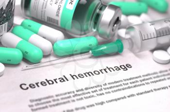 Cerebral Hemorrhage - Printed with Mint Green Pills, Injections and Syringe. Medical Concept with Selective Focus.