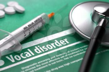 Vocal disorder - Medical Concept with Blurred Text, Stethoscope, Pills and Syringe on Green Background. Selective Focus.