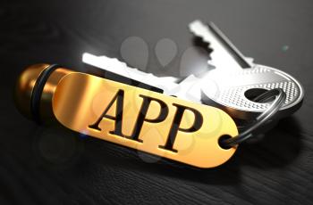 APP Concept. Keys with Golden Keyring on Black Wooden Table. Closeup View, Selective Focus, 3D Render.