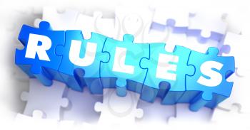 Rules - White Word on Blue Puzzles on White Background and Selective Focus. 3D Render. 